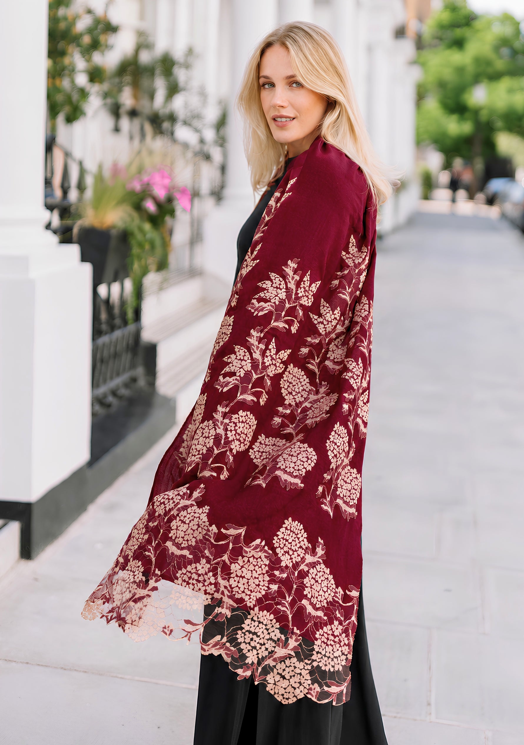 Burgundy Wool & Silk Scarf Gold Lace