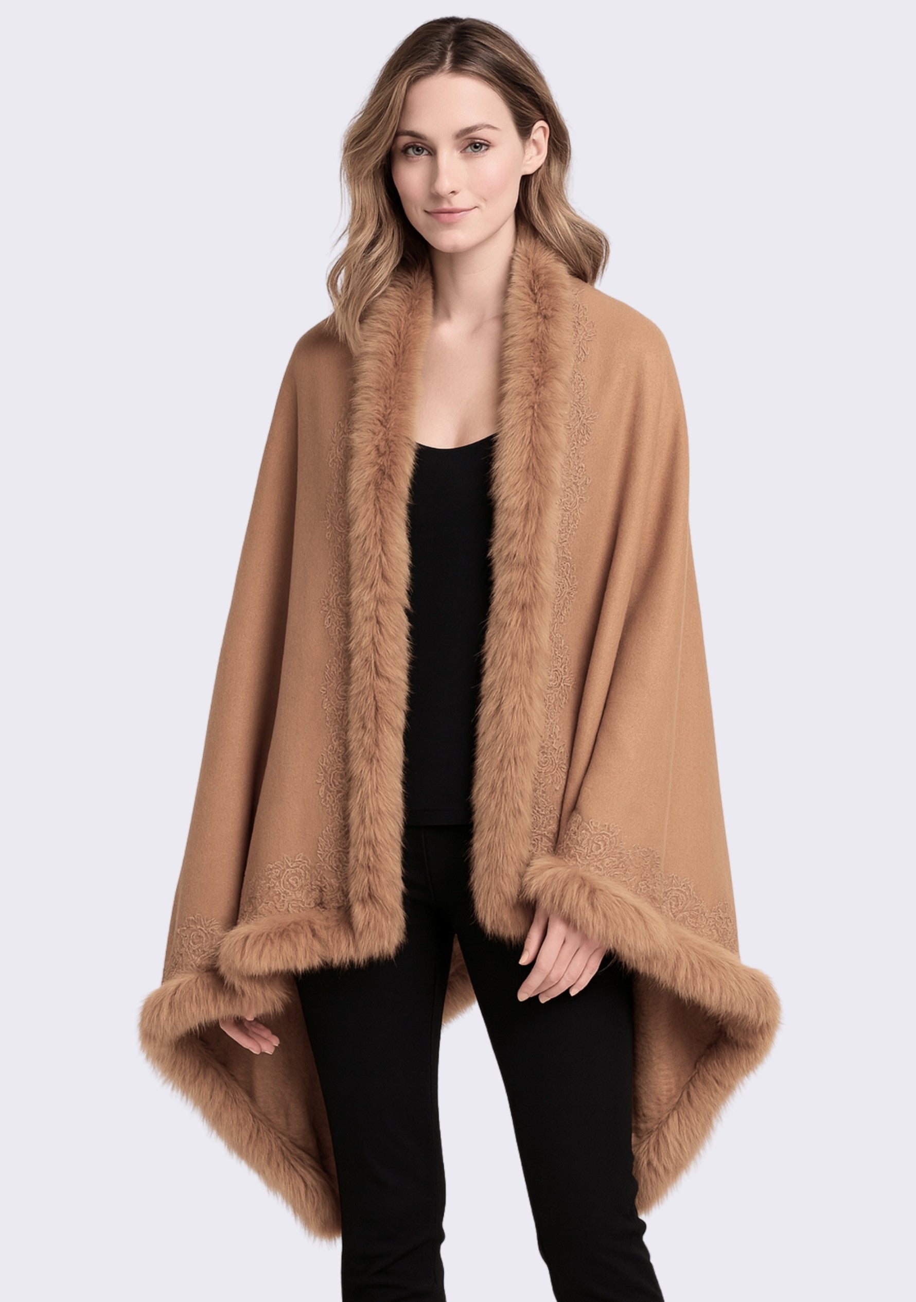 Camel Cashmere wrap, Camel Fox Fur & Floral Lace
