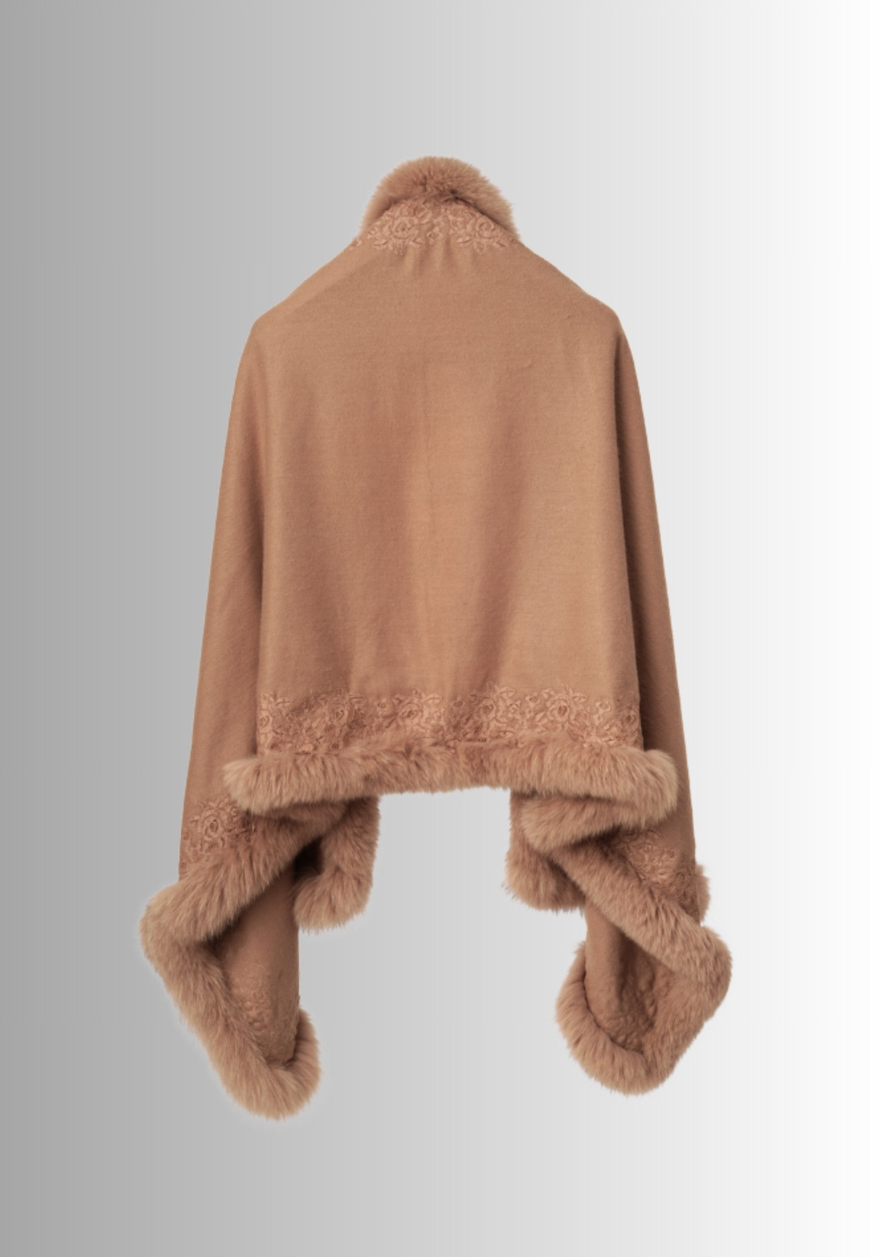 Camel Cashmere Stole Camel Fox Fur & Floral Lace
