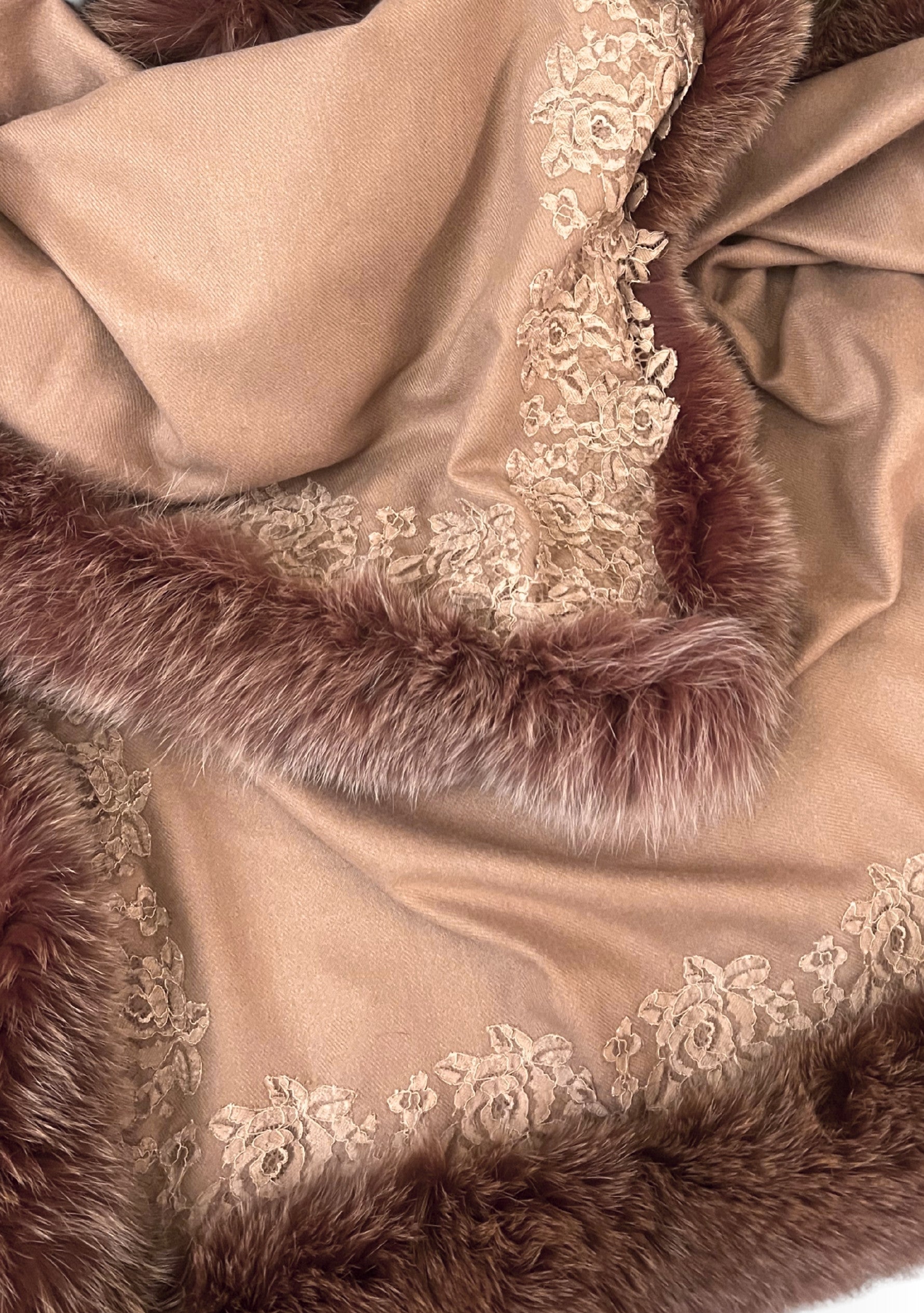 Camel Cashmere Stole Camel Fox Fur & Floral Lace