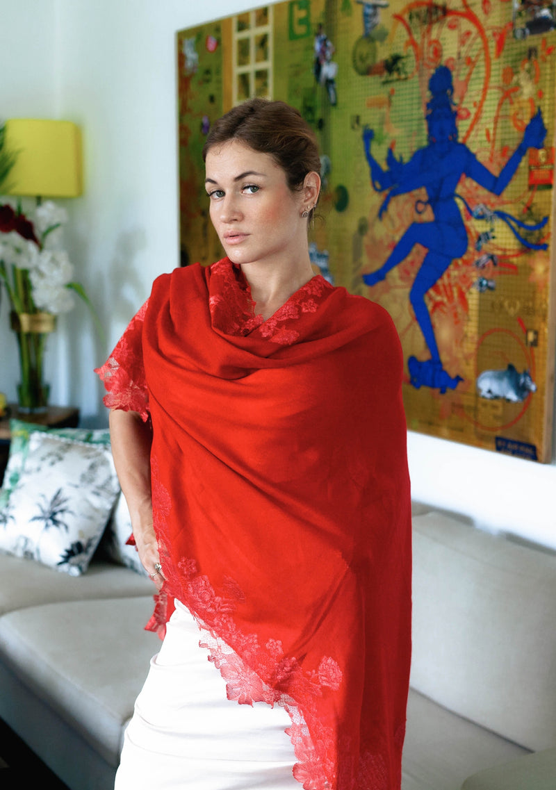 Red Cashmere Scarf with a Red Floral Chantilly Lace Border