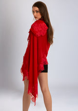 Red Cashmere Scarf with a Red Floral Chantilly Lace Border