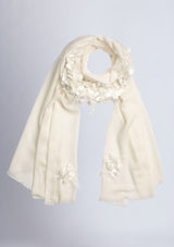 Ivory Cashmere Scarf with a Ivory Feather and Ivory Satin Leaf Collar and Appliques