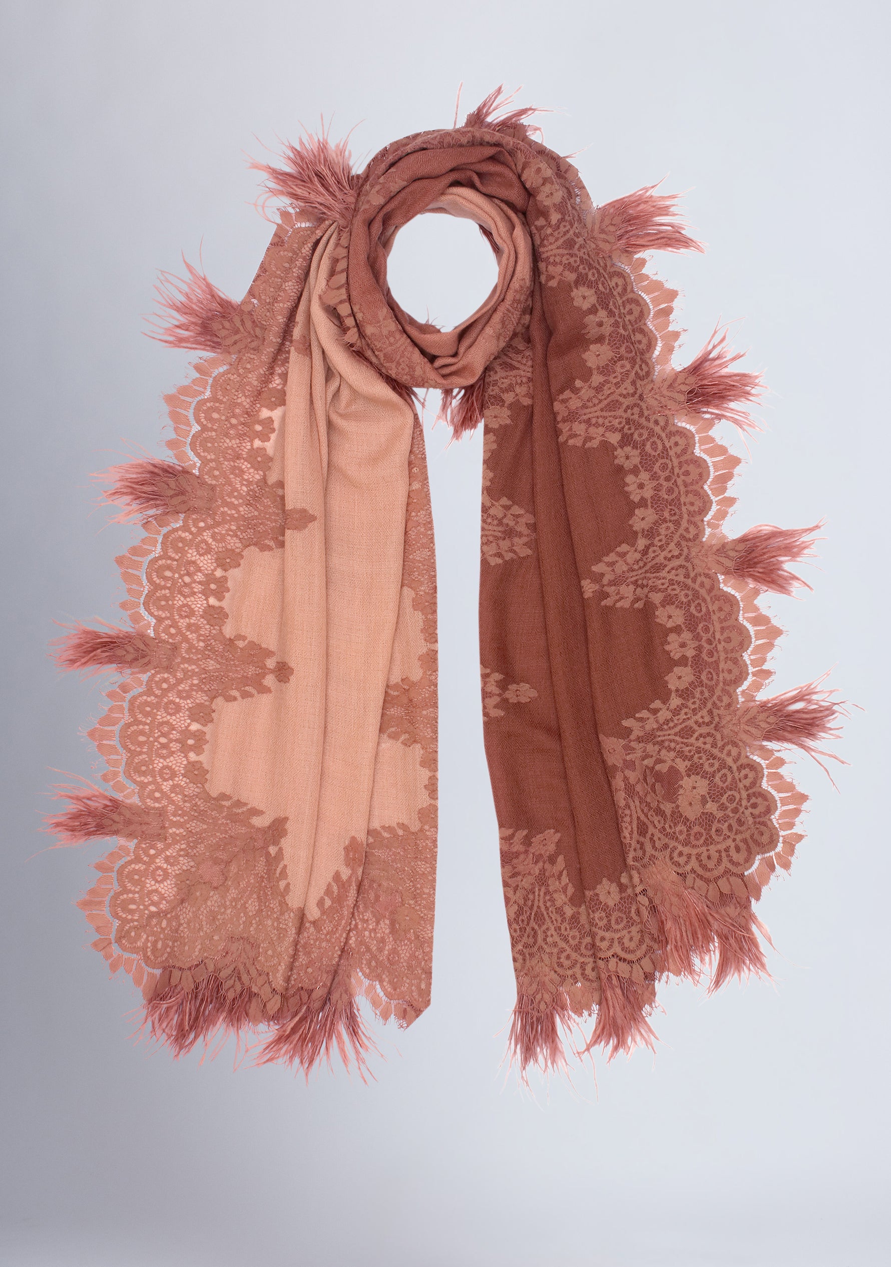 Copper Ombre Cashmere Scarf with a Dk. Copper Chantilly Lace Border & Copper Ostrich Feathers