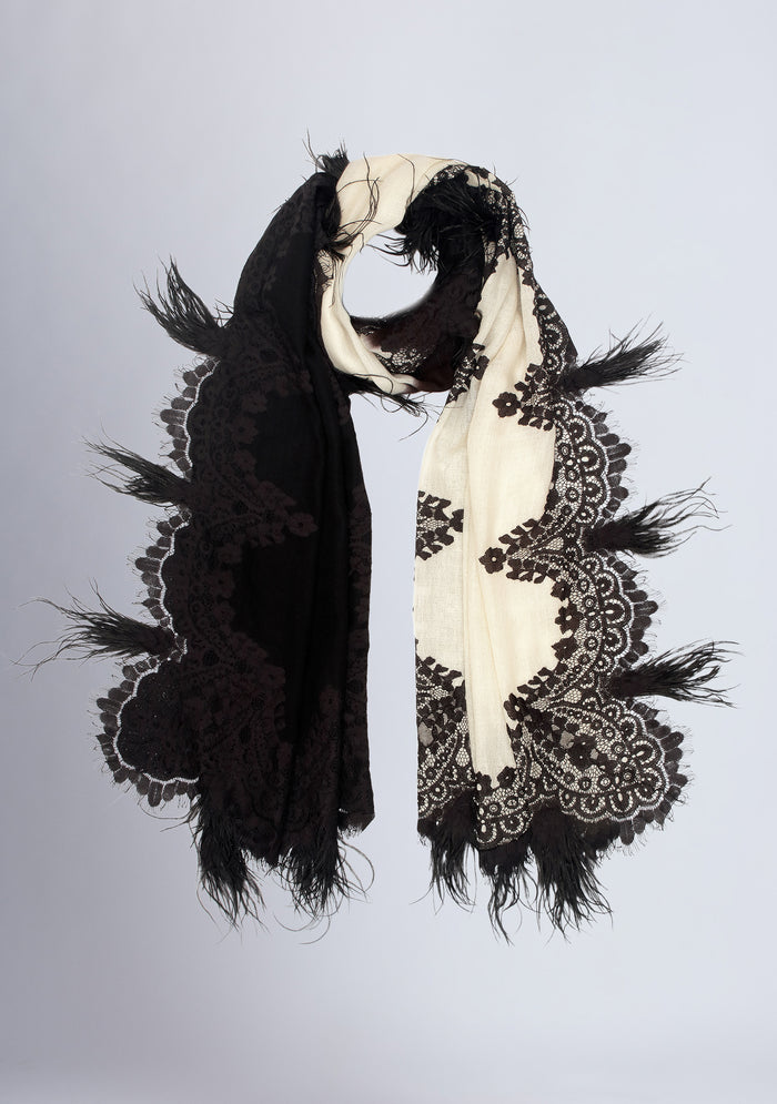 Black & Ivory Cashmere Scarf
Black Lace & Feathers