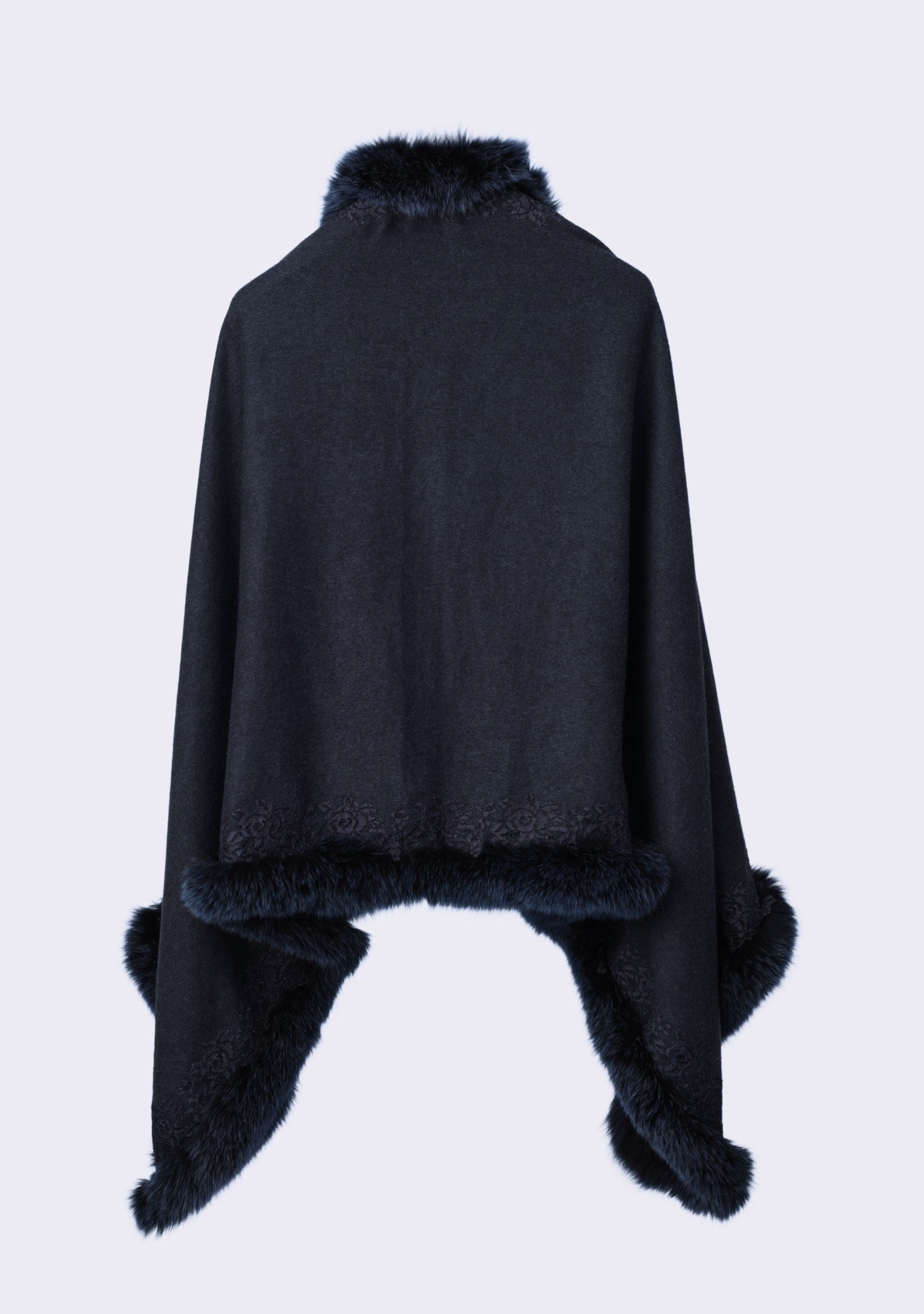 Charcoal Cashmere wrap, Fox Fur & Charcoal Floral Lace
