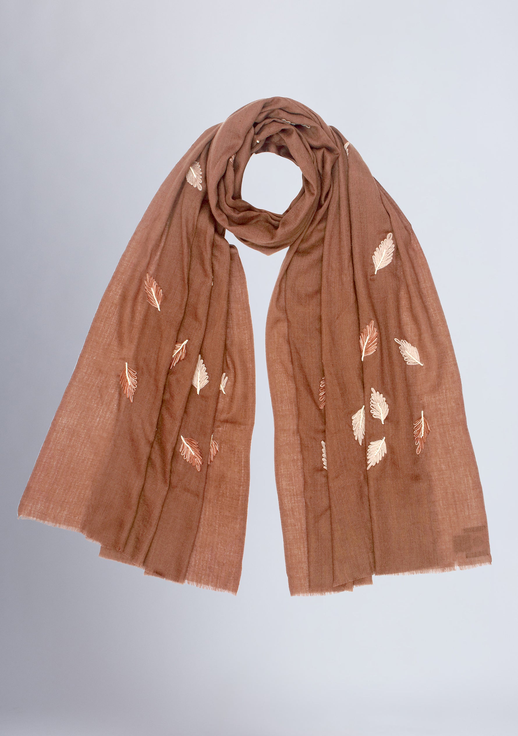 Brown Wool & Silk Scarf with Taupe and Brown Leaf Embroidery and Ivory Pearls