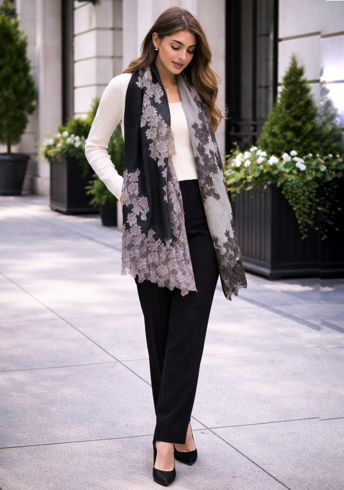 Black & Taupe Reversible Wool & Silk Scarf Black & Taupe Lace