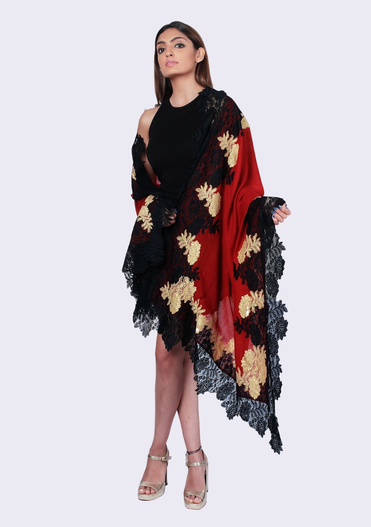 Maroon wool and Silk Scarf with a Black and Gold Double Color