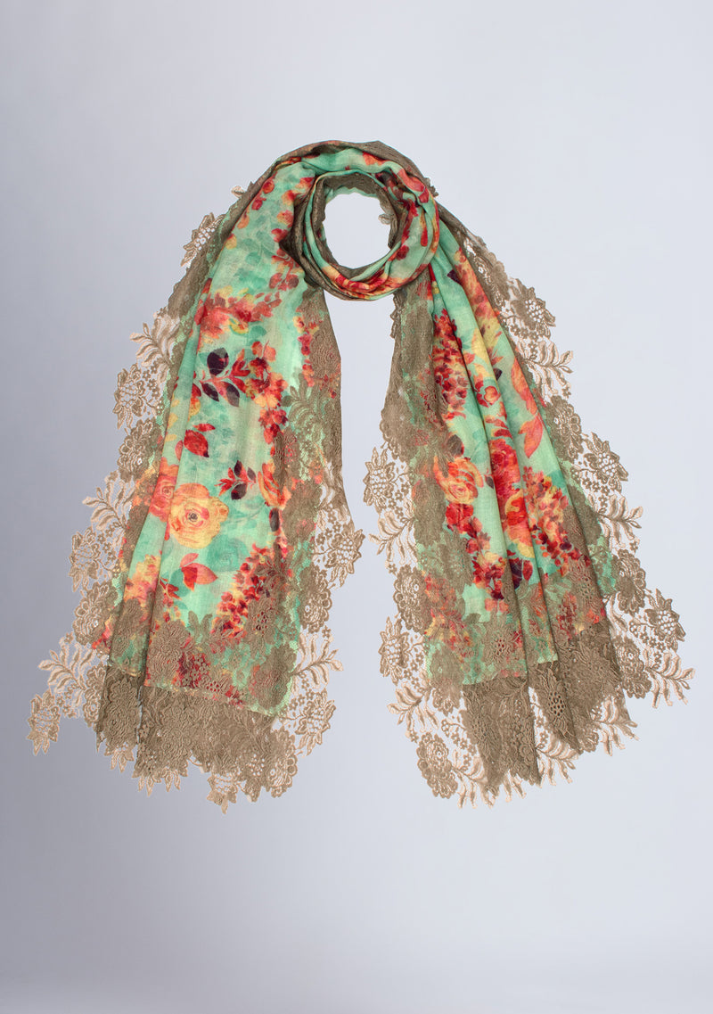 Orange Blossom Print Wool And Silk Scarf with a Natural Floral Lace Border