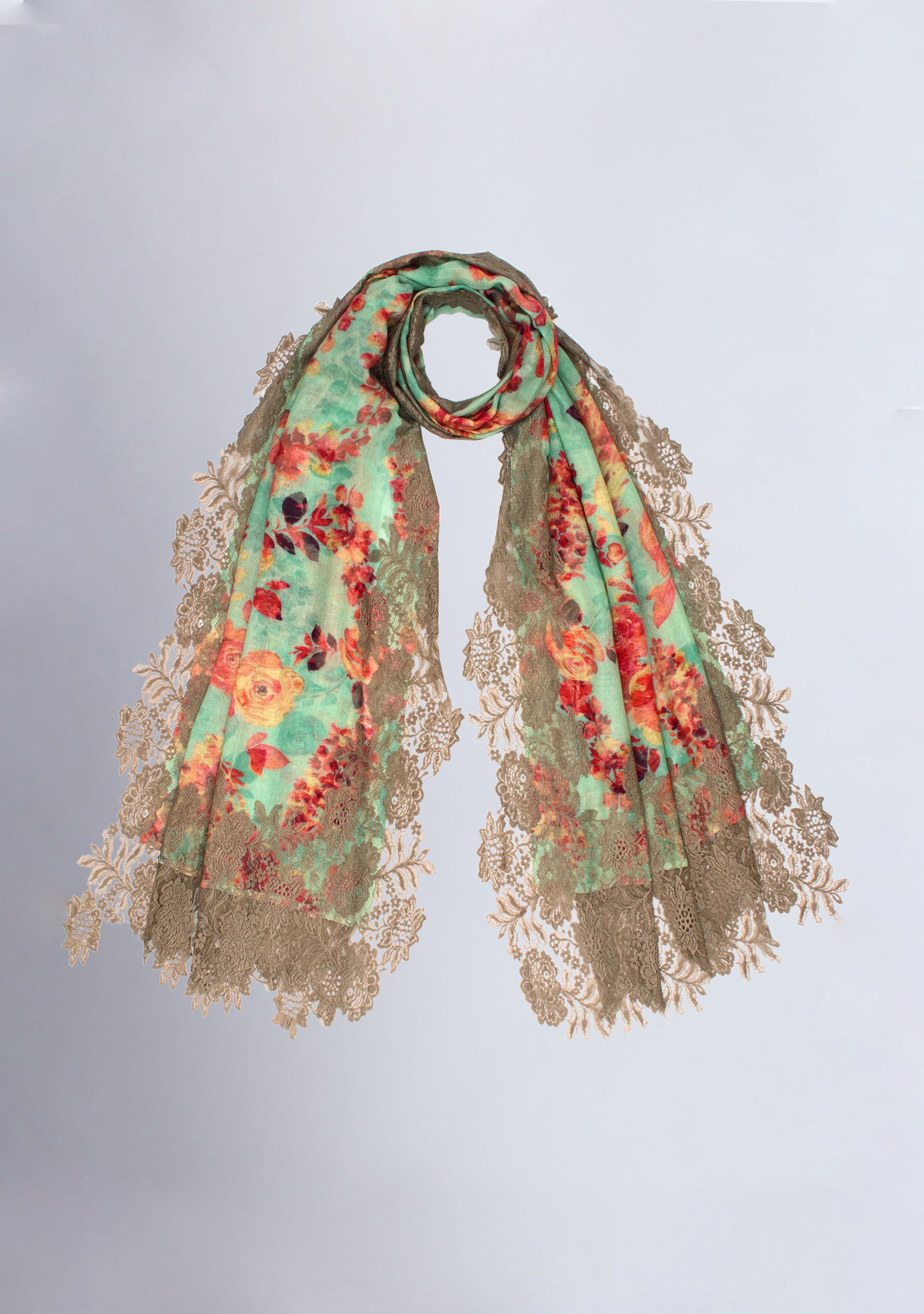 Orange Blossom Print Wool And Silk Scarf with a Natural Floral Lace Border