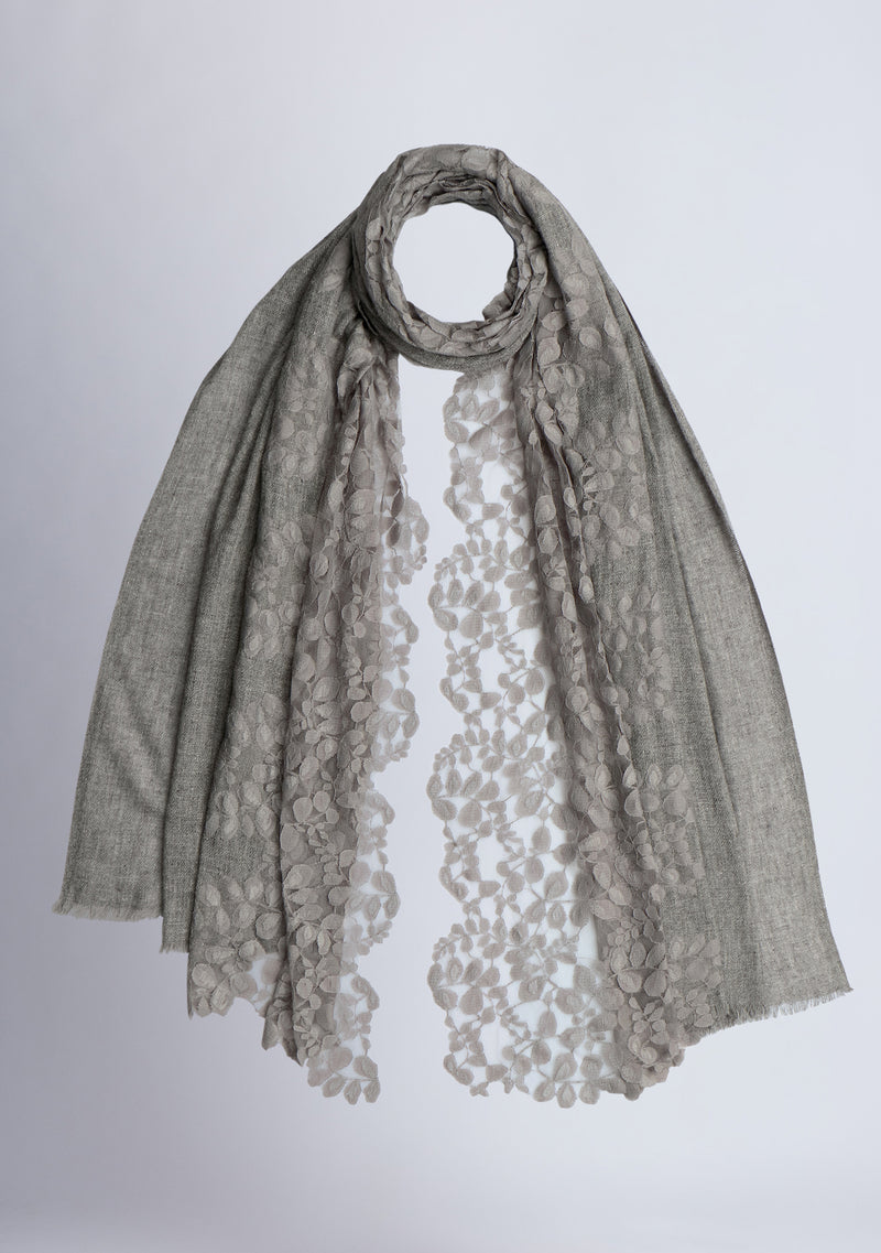 Dk. Grey Melange Wool Scarf with a Dk. Grey Bold Leaf Lace