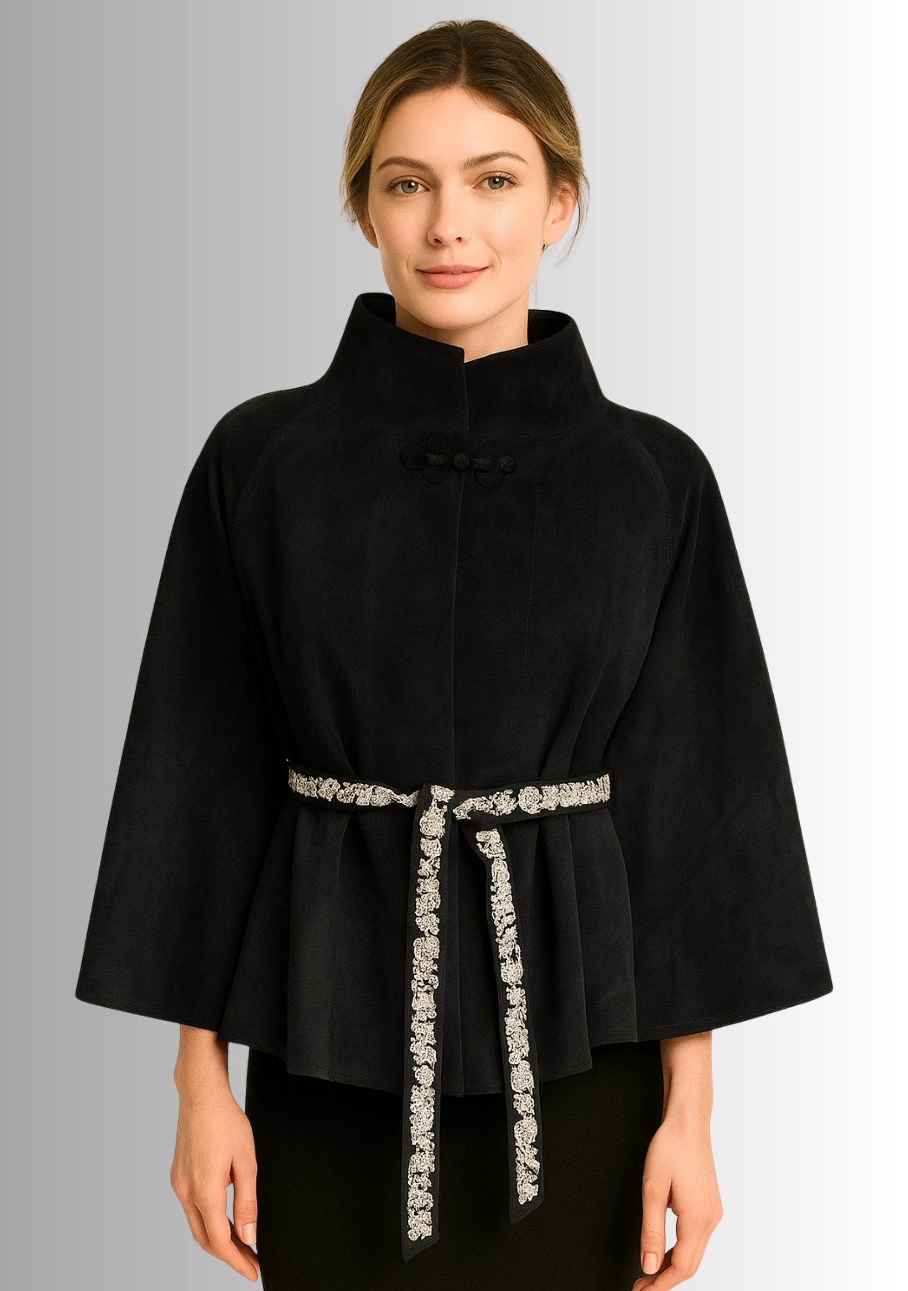 Black Suede Leather Jacket Ivory Embroidered Belt