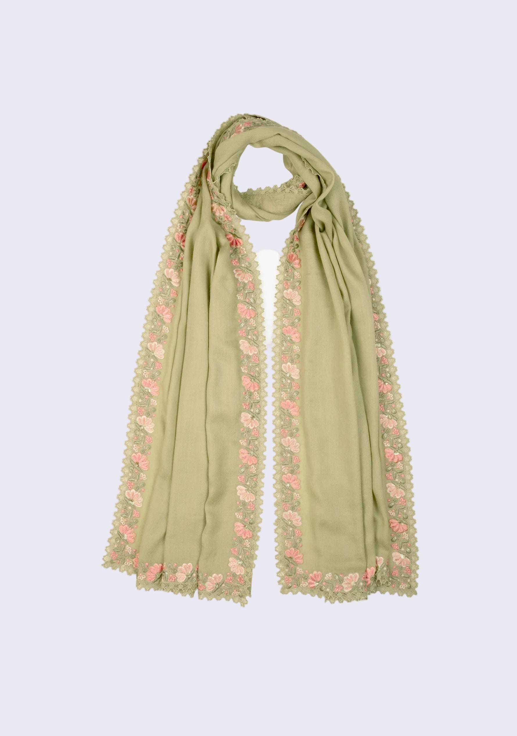 Fern Green Wool & Silk Scarf 
Multi-colored Embroidery & Fern Green Lace