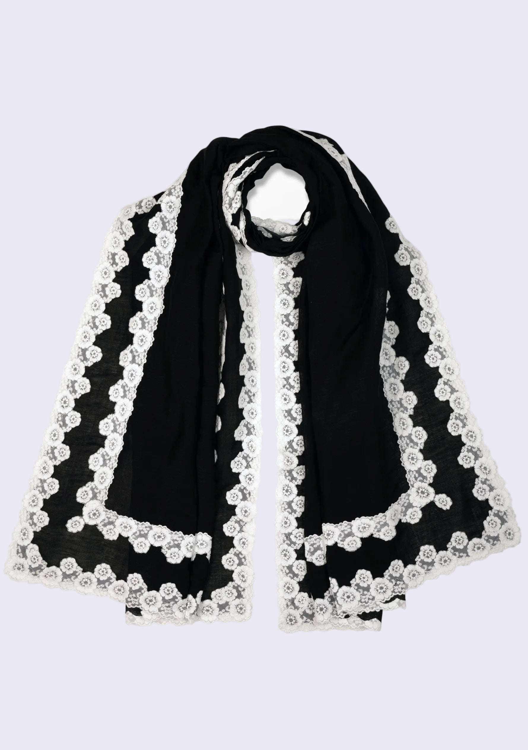 Black Linen & Modal Scarf
 White Lace