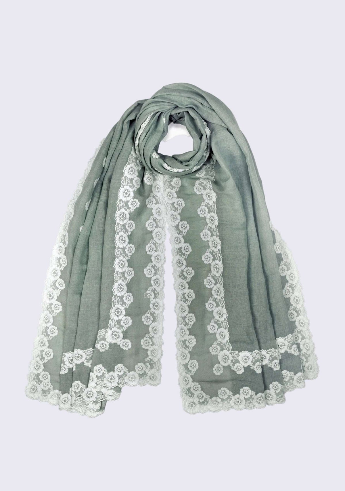 Lt. Sage Green Linen & Modal Scarf 
White Lace