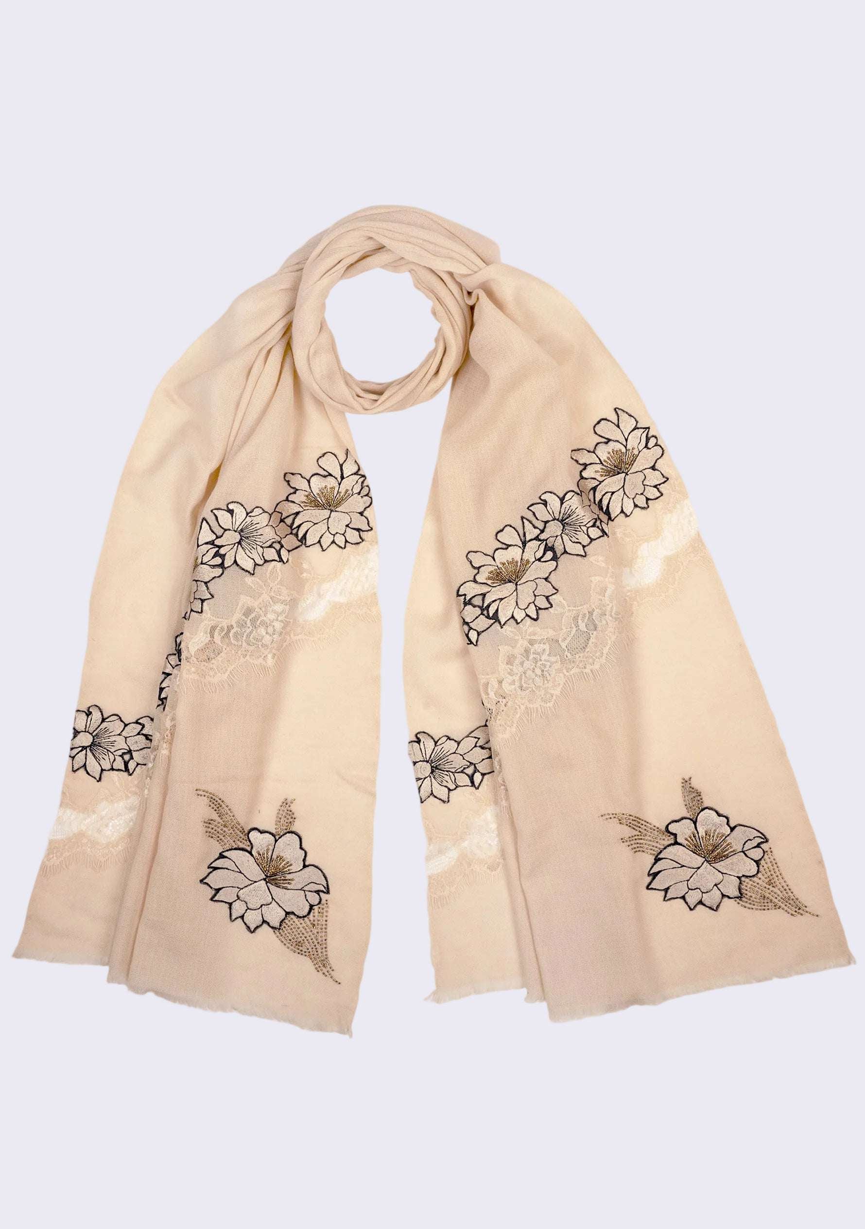 Beige Cashmere Scarf 
Beige Embroidery & Lace