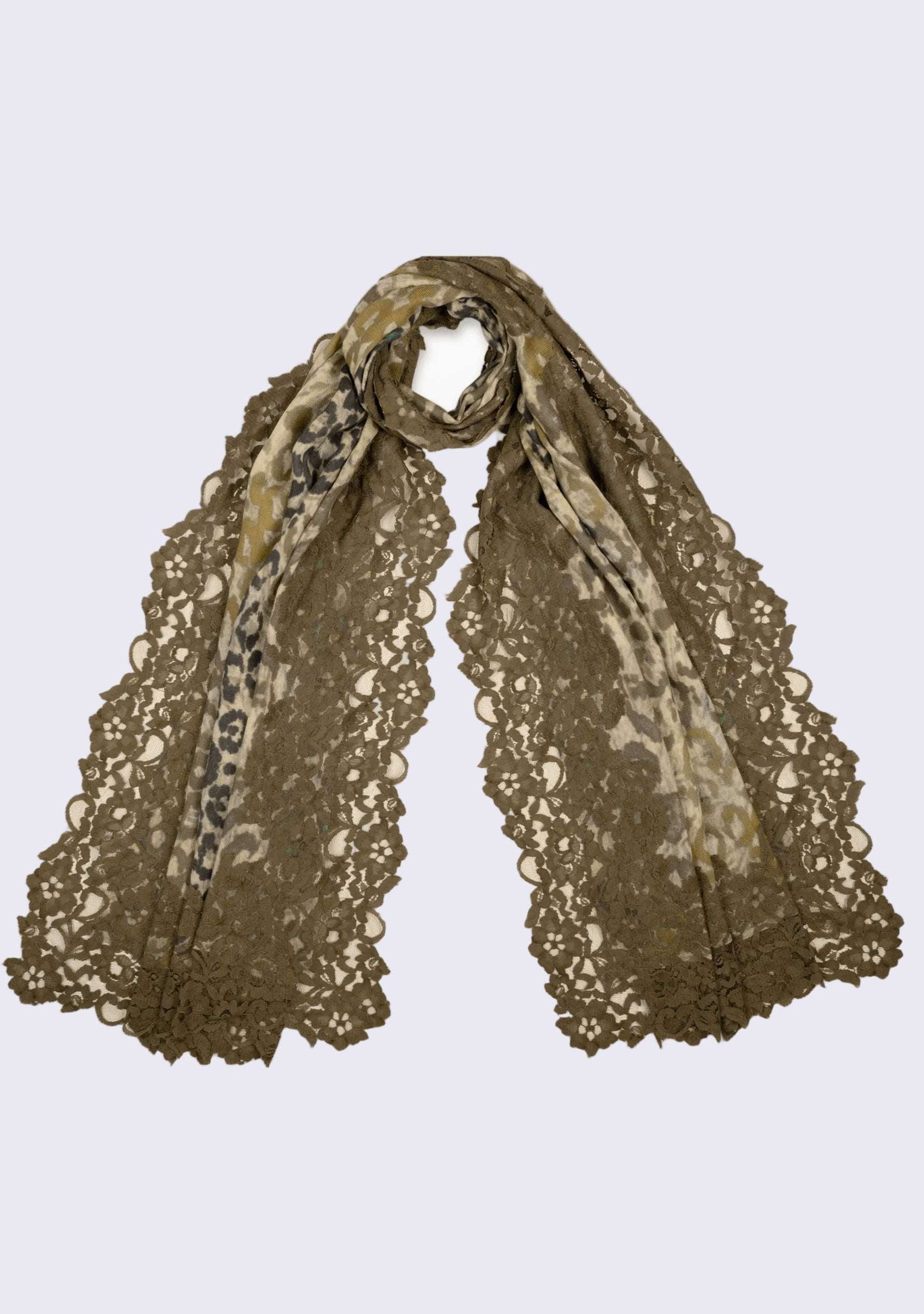 Khaki Leopard Print Wool & Silk Scarf Khaki Lace