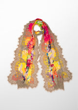 Summer Bright Print Ivory Modal and Cashmere Scarf with a Taupe Chantelle Lace Border
