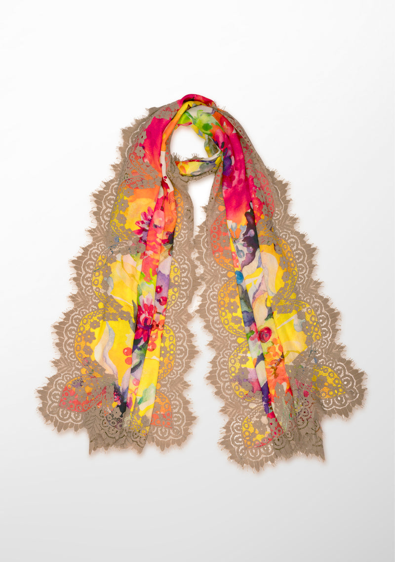Summer Bright Print Ivory Modal and Cashmere Scarf with a Taupe Chantelle Lace Border
