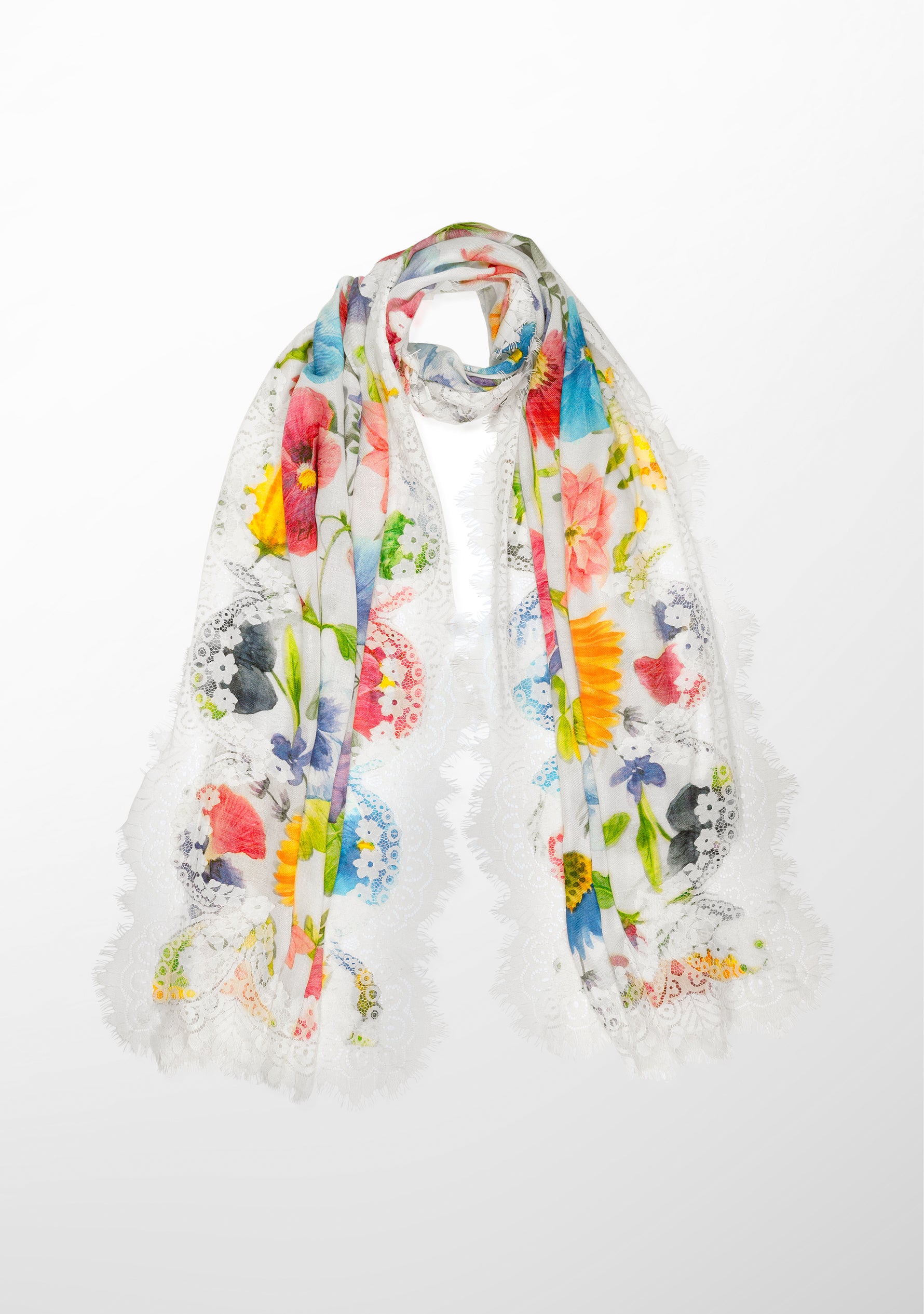 Spring Fling Print Ivory Modal and Cashmere Scarf with an Ivory Chantelle Lace Border