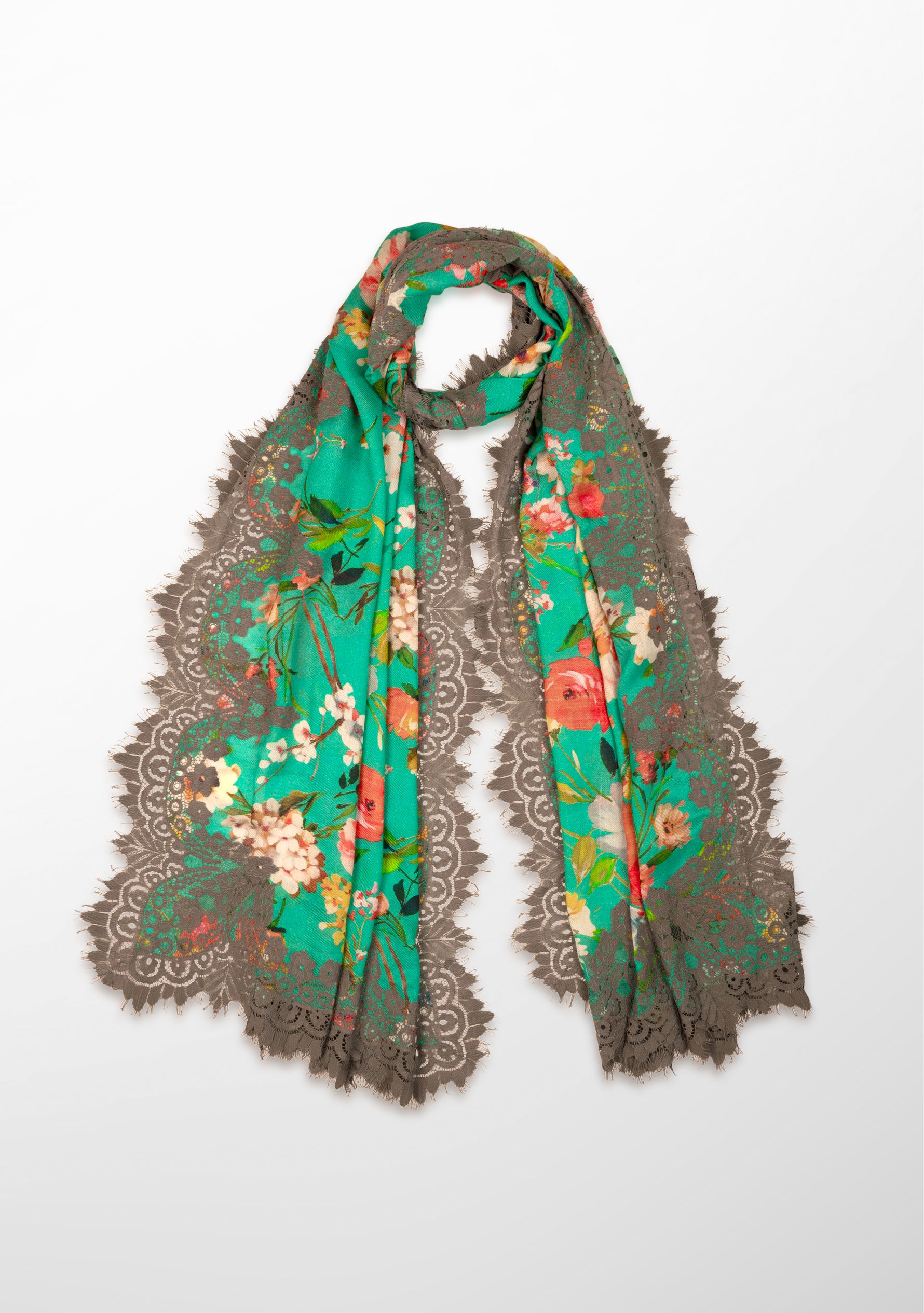 Spring Floral Print Teal Green Modal and Cashmere Scarf with a Mousse Chantelle Lace Border