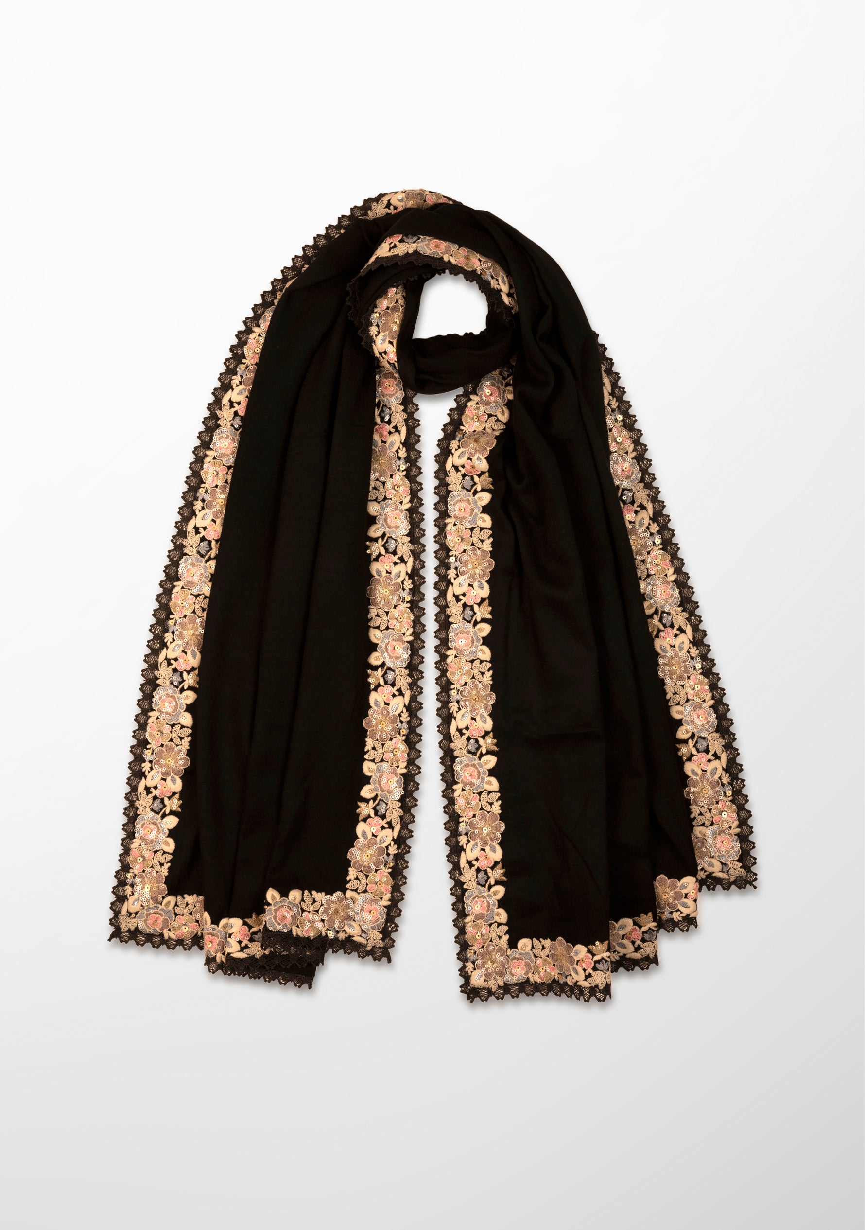 Black Wool and Silk Scarf with Multicolor Embroidery Applique and Black Lace Border