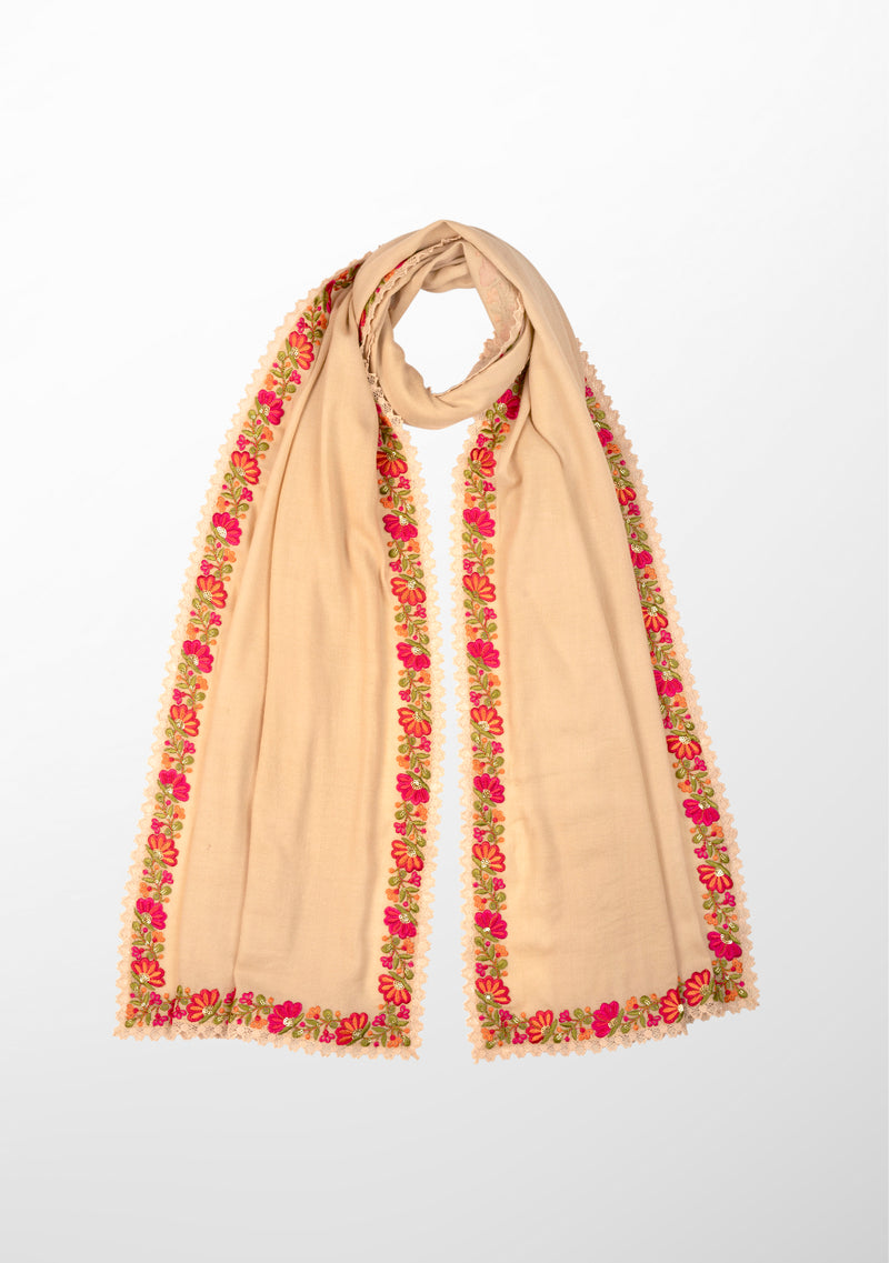 Beige Wool and Silk Scarf with Multicolor Embroidery Applique and Beige Lace Border