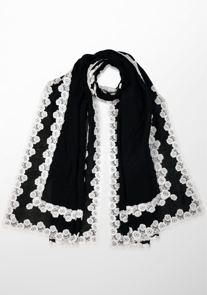 Black Linen and Modal Scarf with a Double White Lace Border