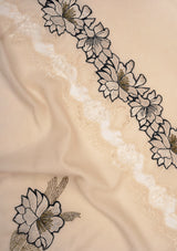 Beige Cashmere Scarf with Beige Floral Embroidery and Shiny Beige Filigree Lace Panel
