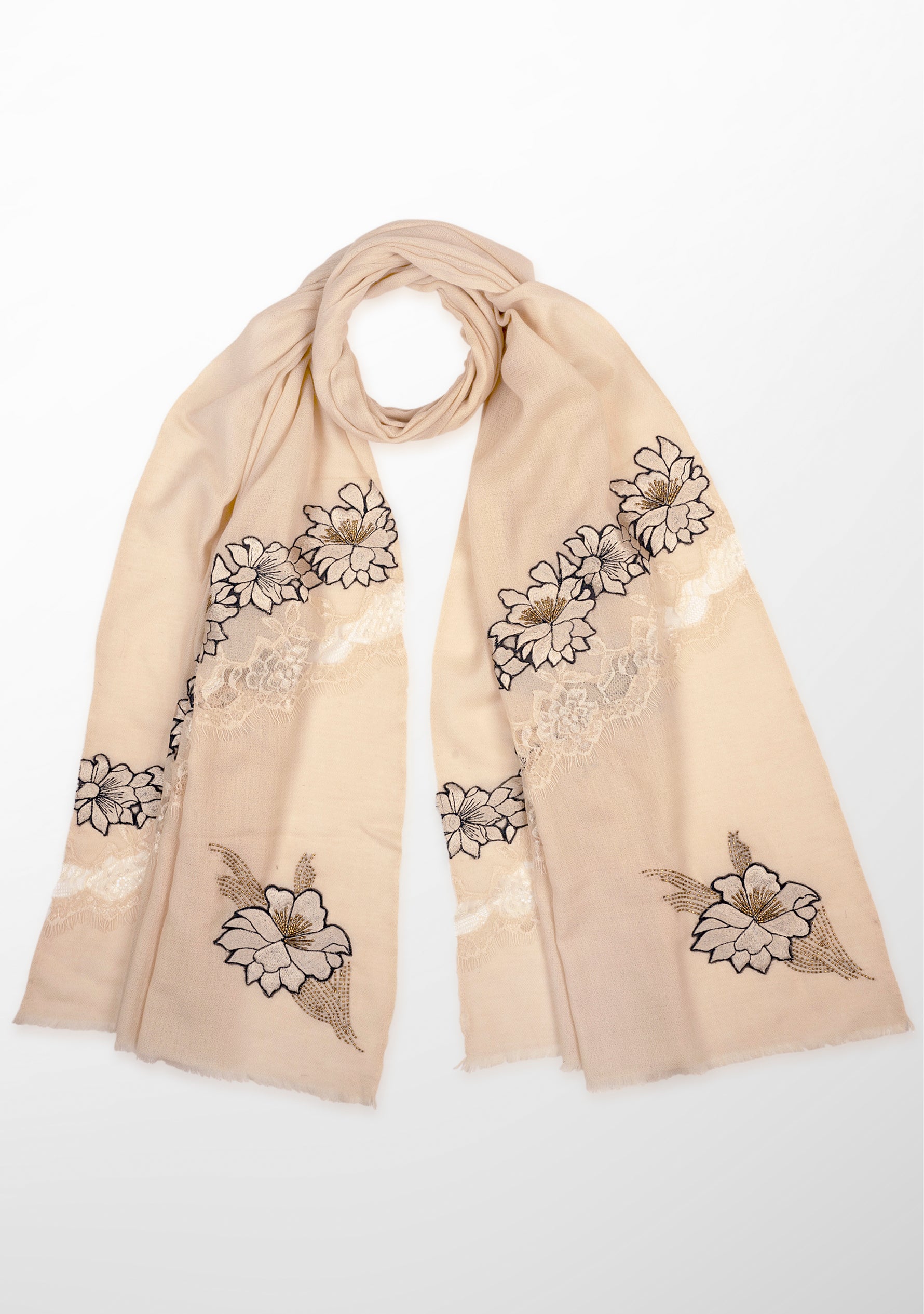 Beige Cashmere Scarf with Beige Floral Embroidery and Shiny Beige Filigree Lace Panel