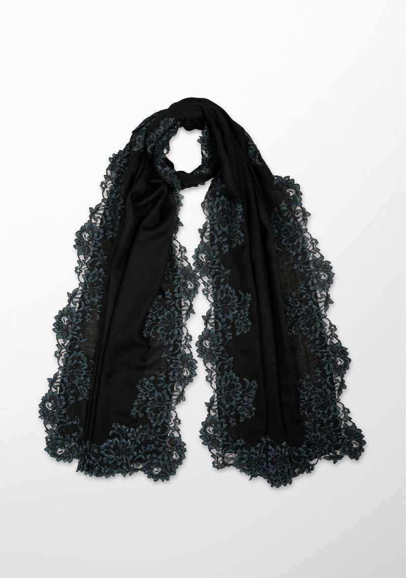 Black Cashmere Scarf with a Dual Shade Black and Blue Floral Chantilly Lace Border