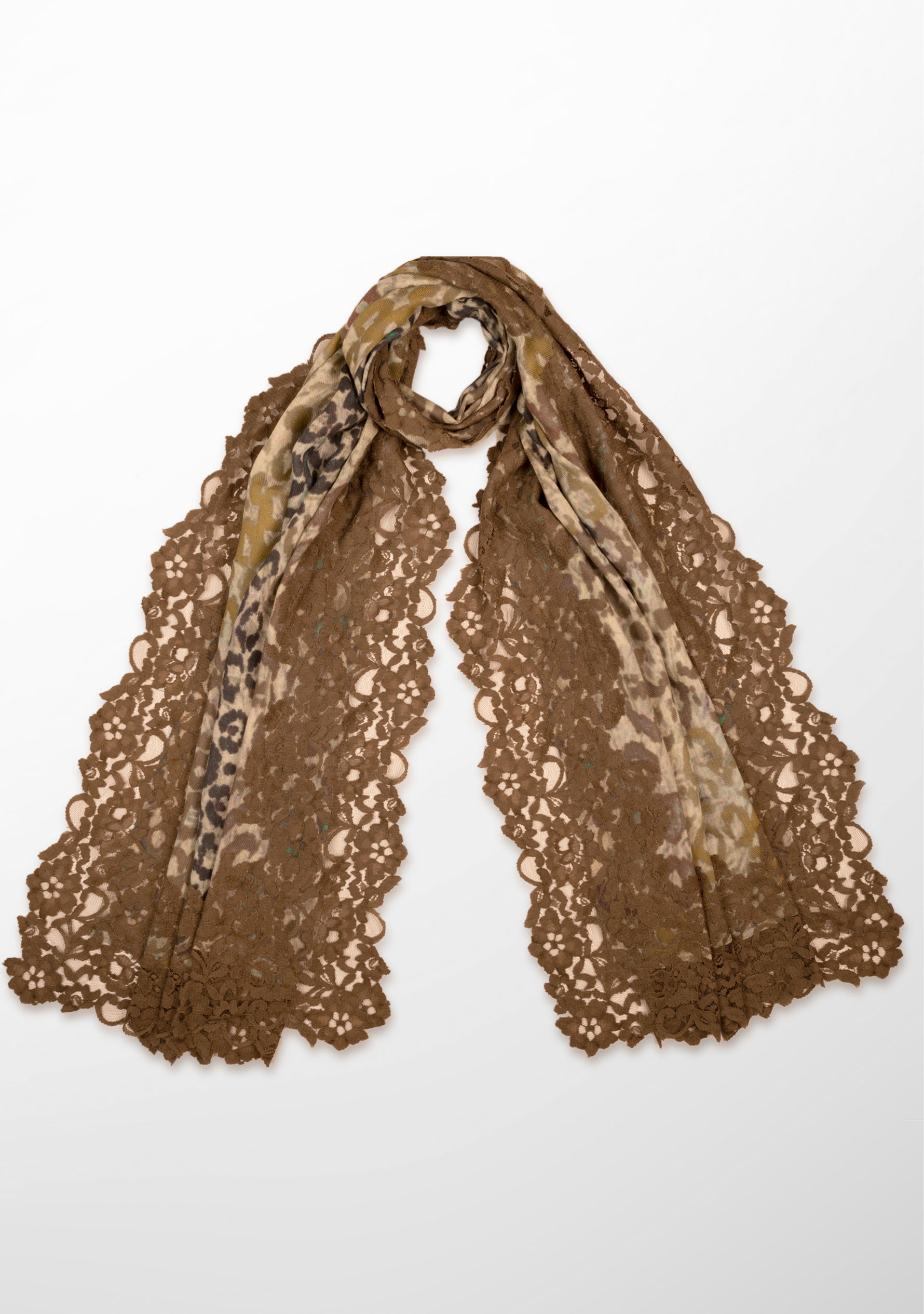 Multi Khaki Leopard Print Wool and Silk Scarf with a Khaki Floral Lace Border