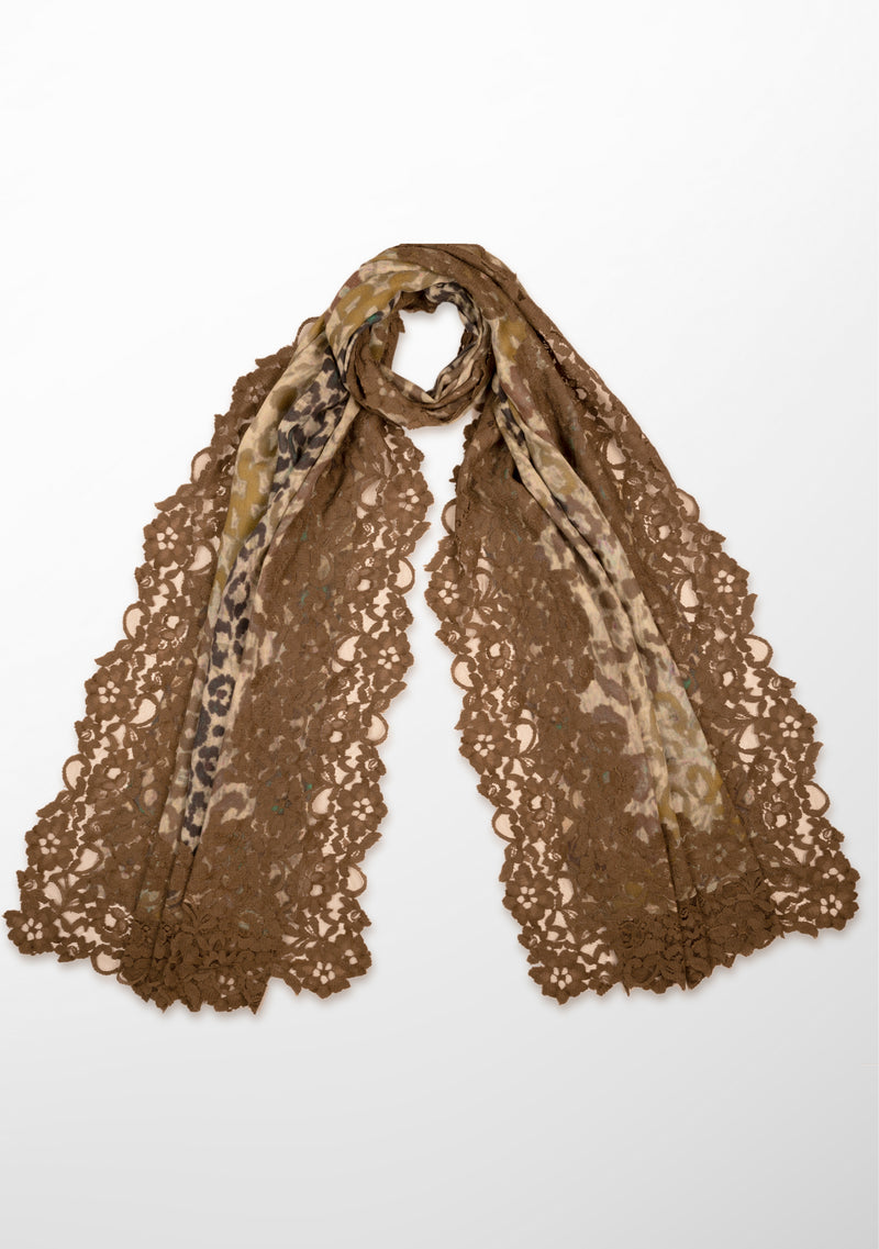 Multi Khaki Leopard Print Wool and Silk Scarf with a Khaki Floral Lace Border