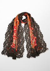 Multi Red Leopard Print Wool and Silk Scarf with a Grey Floral Lace Border