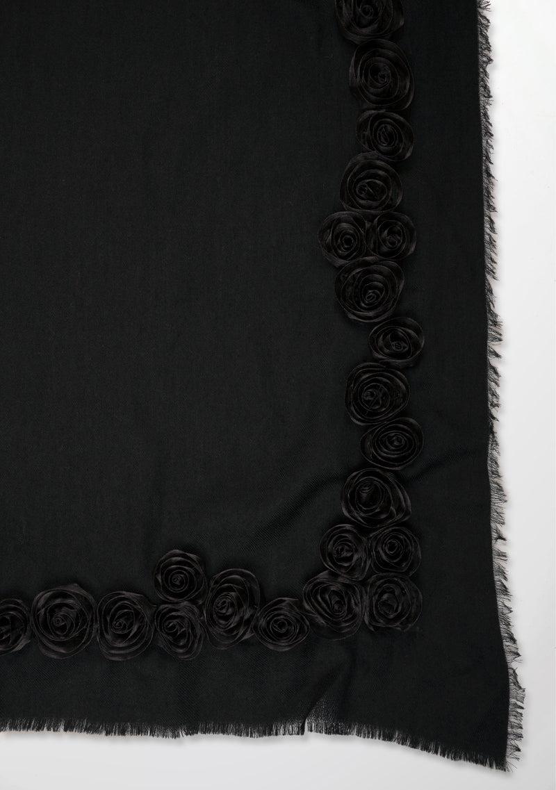 Black Cashmere Scarf with Black Ribbon Rose Border
