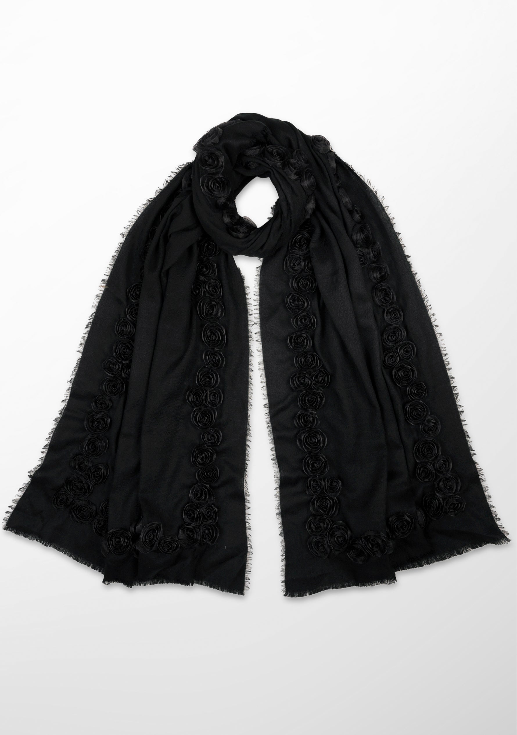 Black Cashmere Scarf with Black Ribbon Rose Border