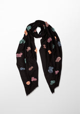 Black Cashmere Scarf with Multi Colored Ribbon Roses