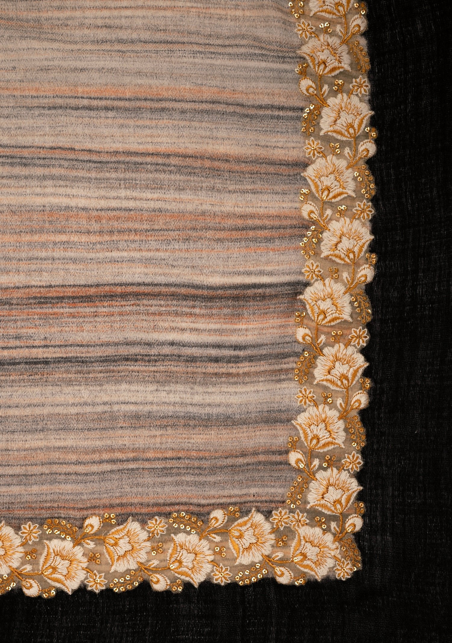 Multi-Striped Wool and Silk Scarf with a Ivory-Gold Embroidery and Black Frame Border