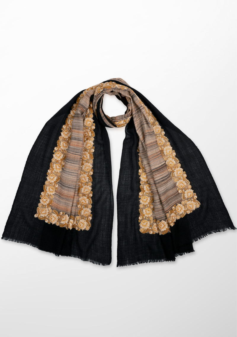 Multi-Striped Wool and Silk Scarf with a Ivory-Gold Embroidery and Black Frame Border