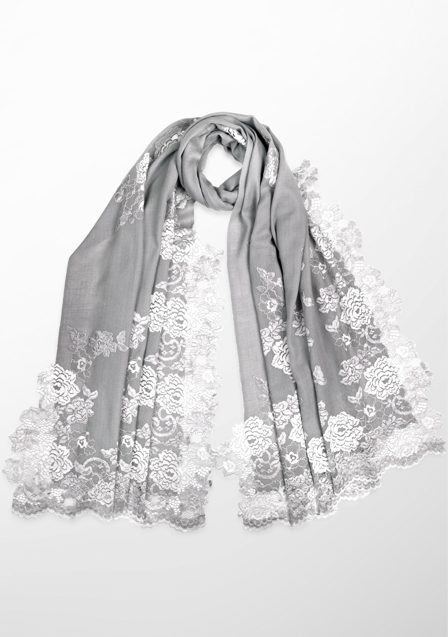 Silver Grey Cashmere Scarf with Dual Shade Silver Grey and Lt. Blue Chantilly Lace