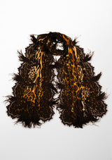 Black Leopard Print Wool and Silk Scarf with a Black Chantilly Lace Border and Black Ostrich Feathers