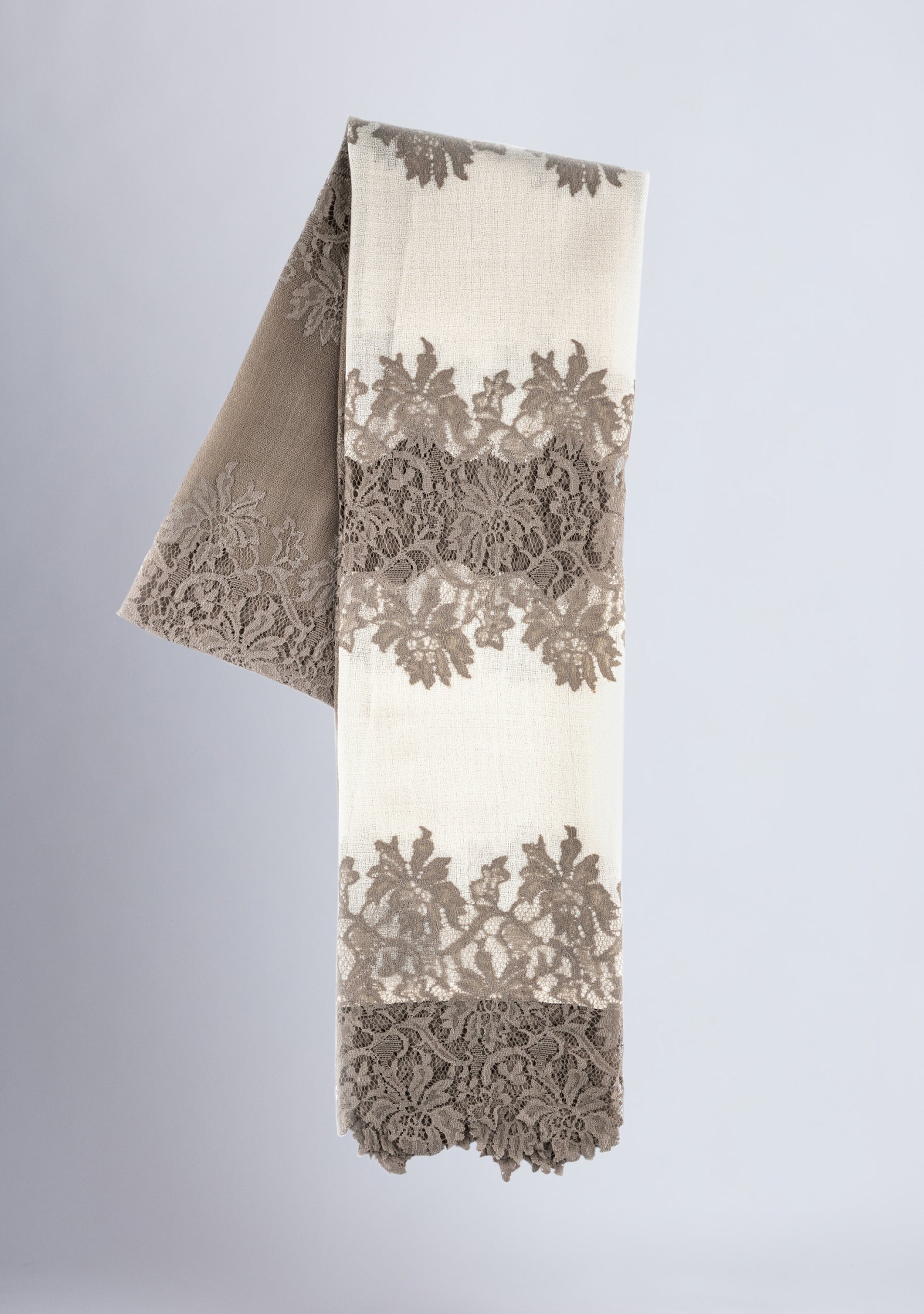 Ivory and Taupe Cashmere Scarf with Natural Hibiscus Lace Panels