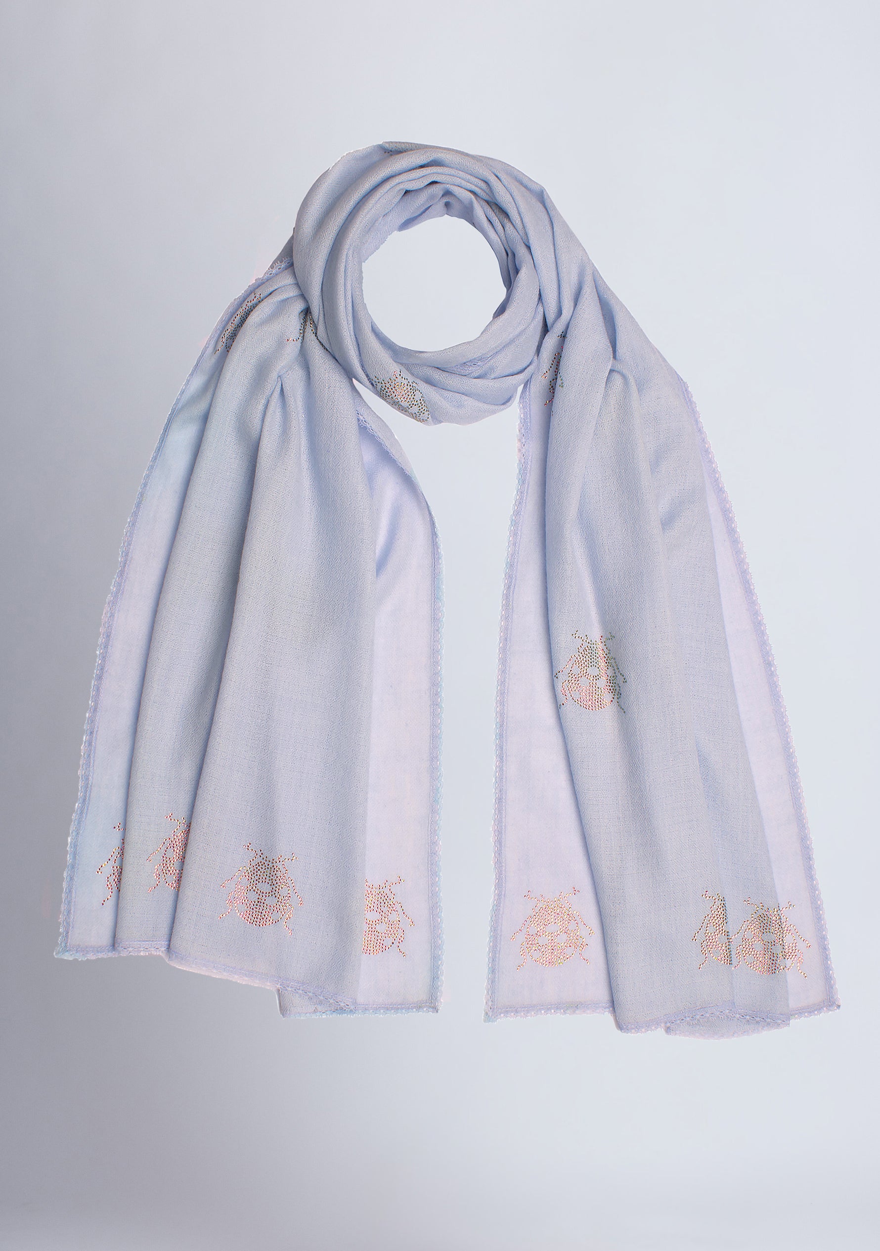 Powder Blue Wool and Silk Scarf with Dk. Pink Swarovski Motifs andPowder Blue Lace Border