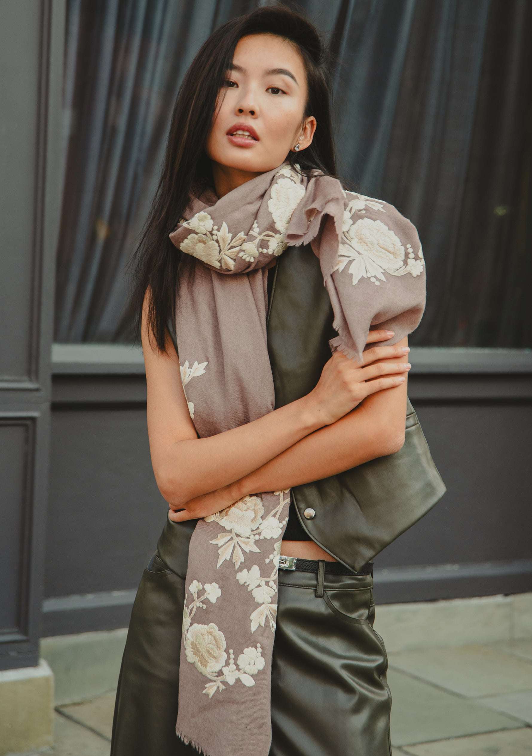 Copper Cashmere Scarf Ivory & Beige Embroidery