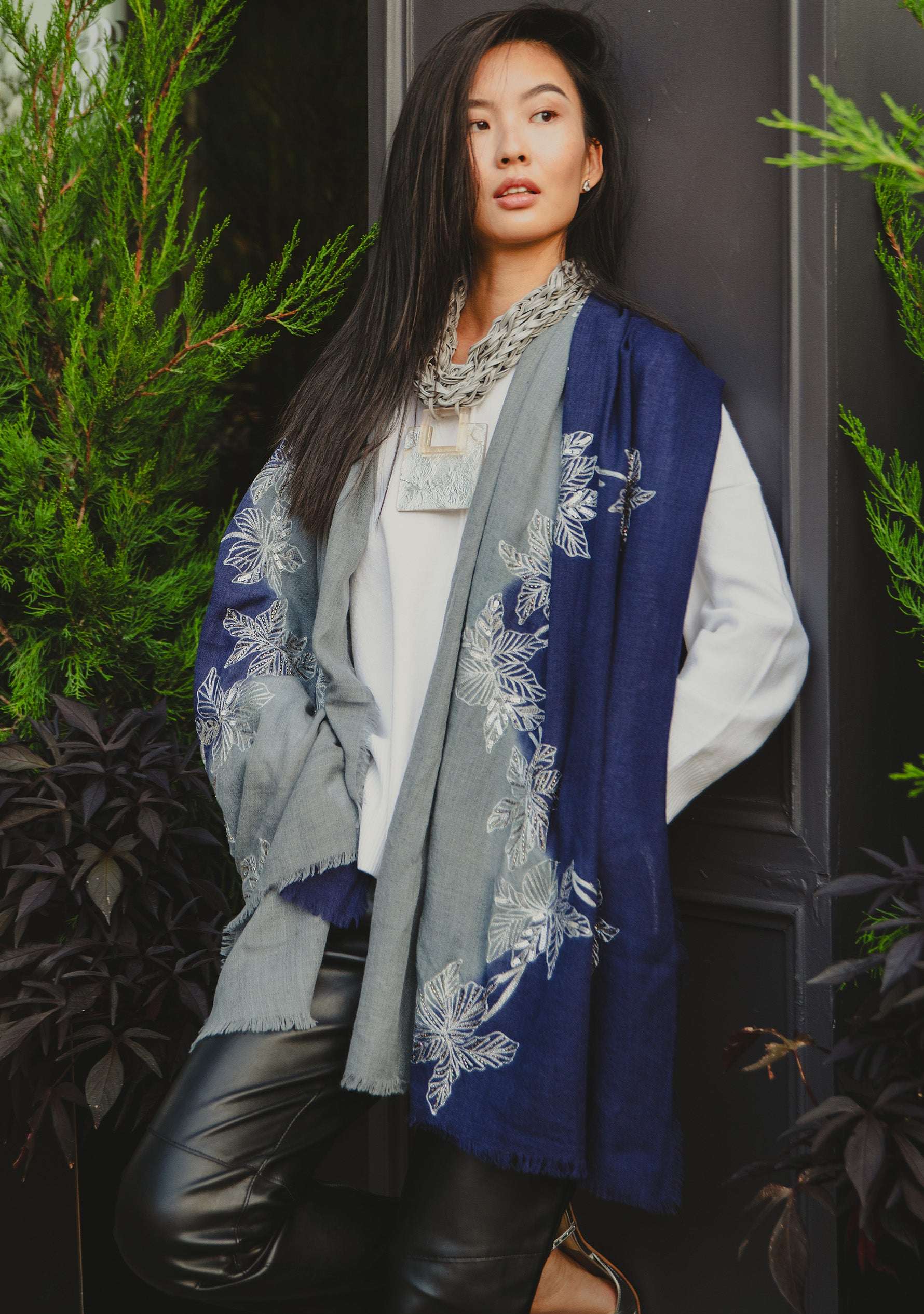 Navy Blue & Steel Gray Cashmere Scarf Silver Sequin & Metalic Embroidery