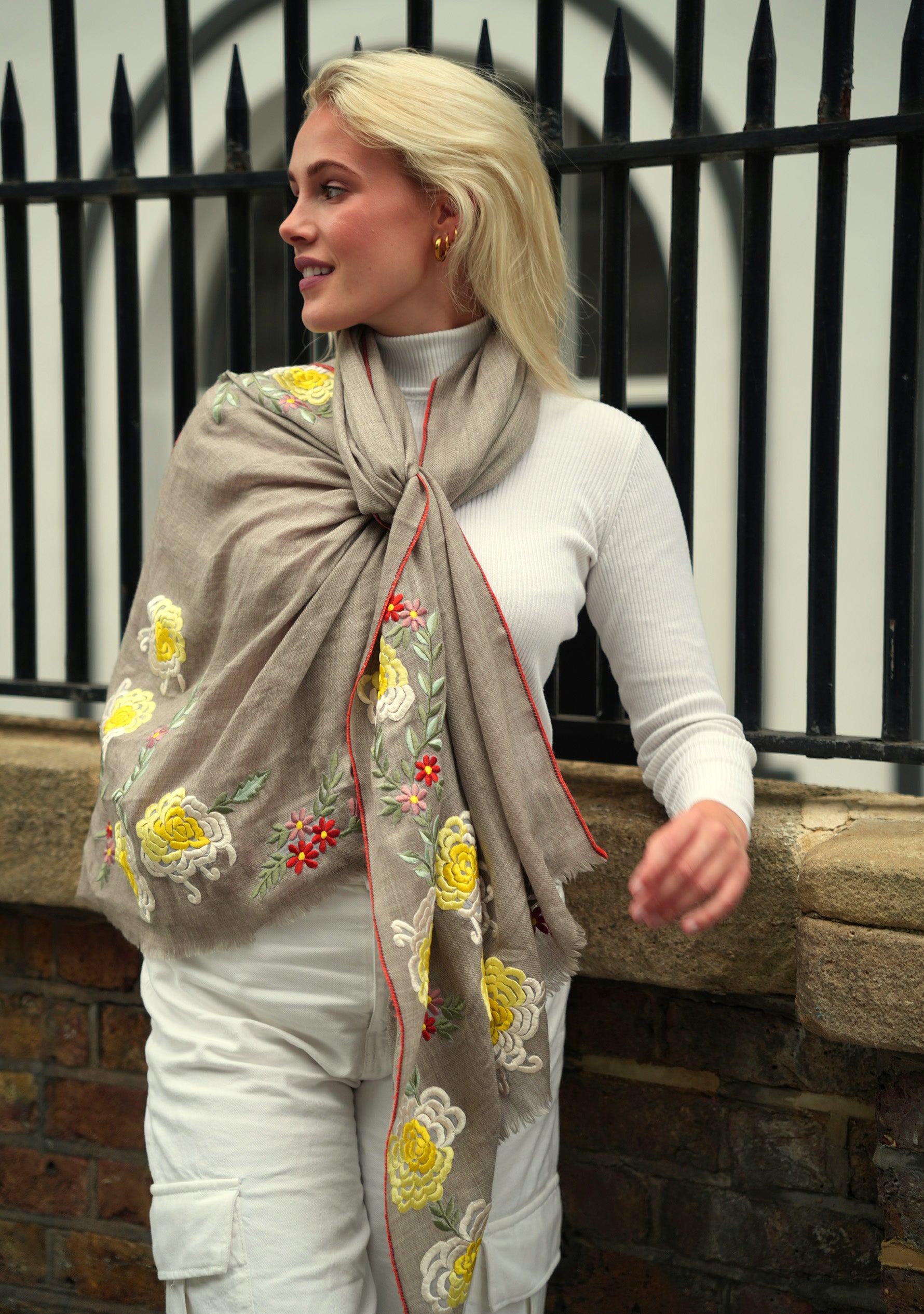 Natural Melange Wool and Silk Scarf with Multicolor Embroidery