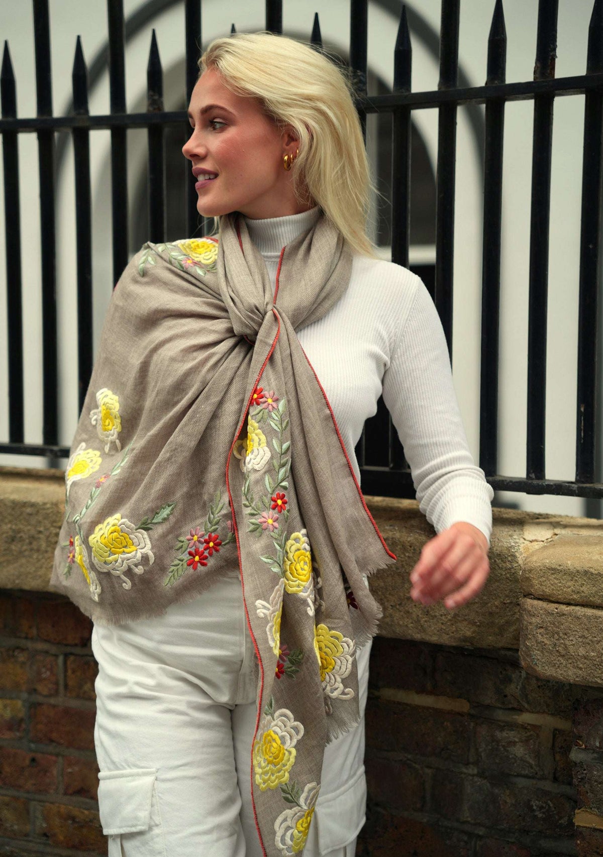 Natural Melange Wool & Silk Scarf Multi-colored Embroidery