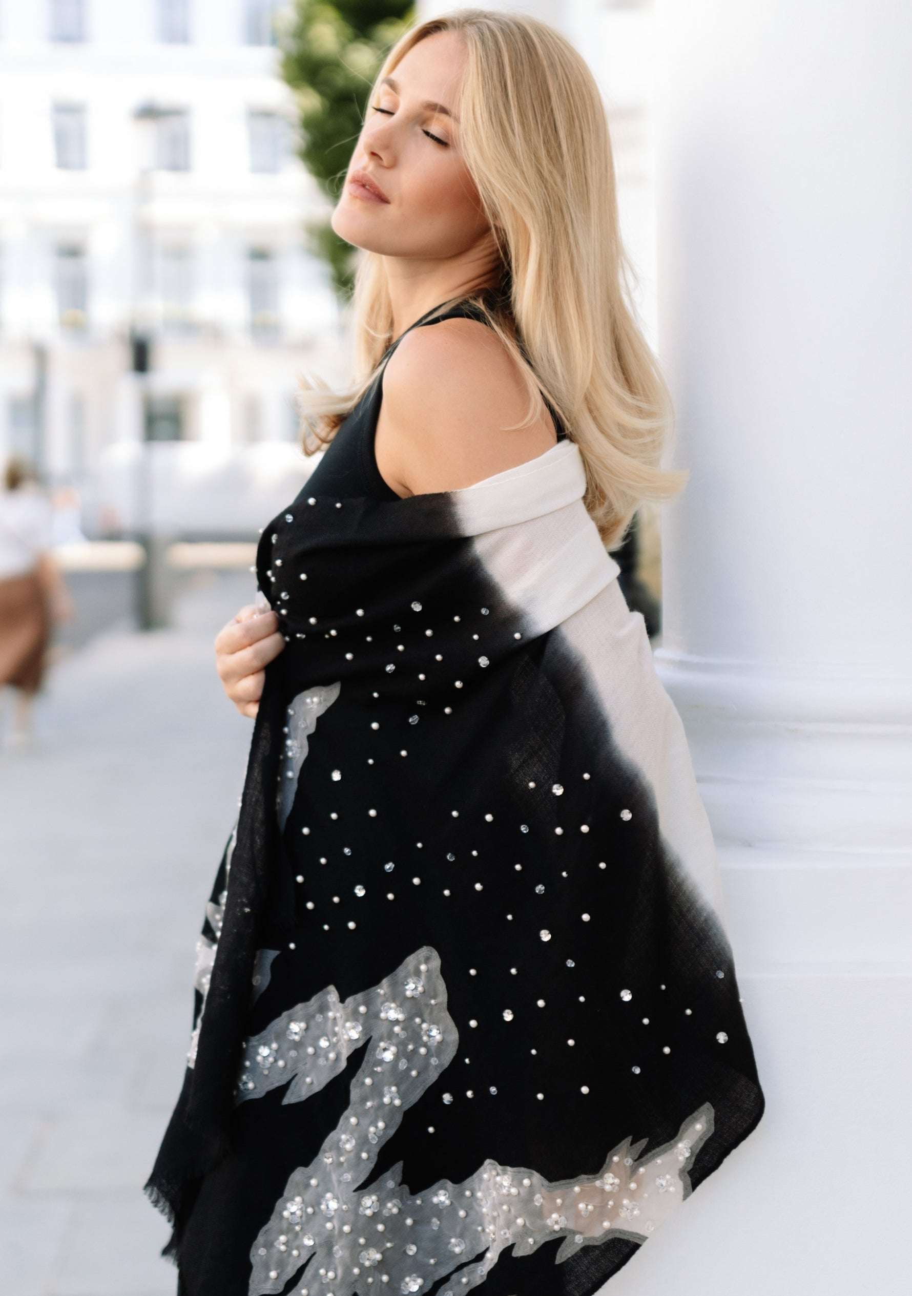Black-Ivory Cashmere Scarf Silver Rhinestones & White Pearls