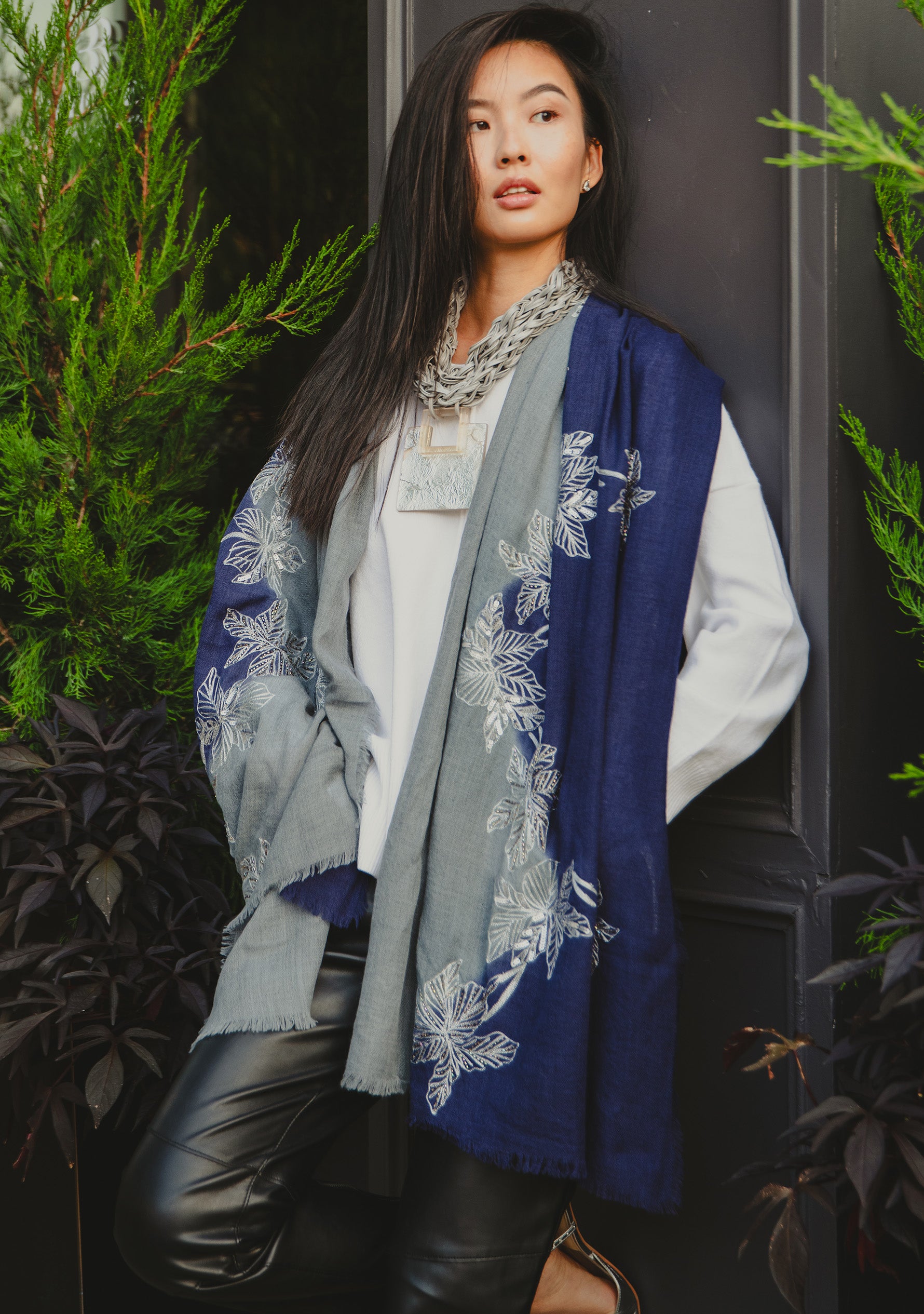 Navy Blue and Steel Grey Ombre Cashmere Scarf with a Silver Sequin and Metalic Leaf Embroidery